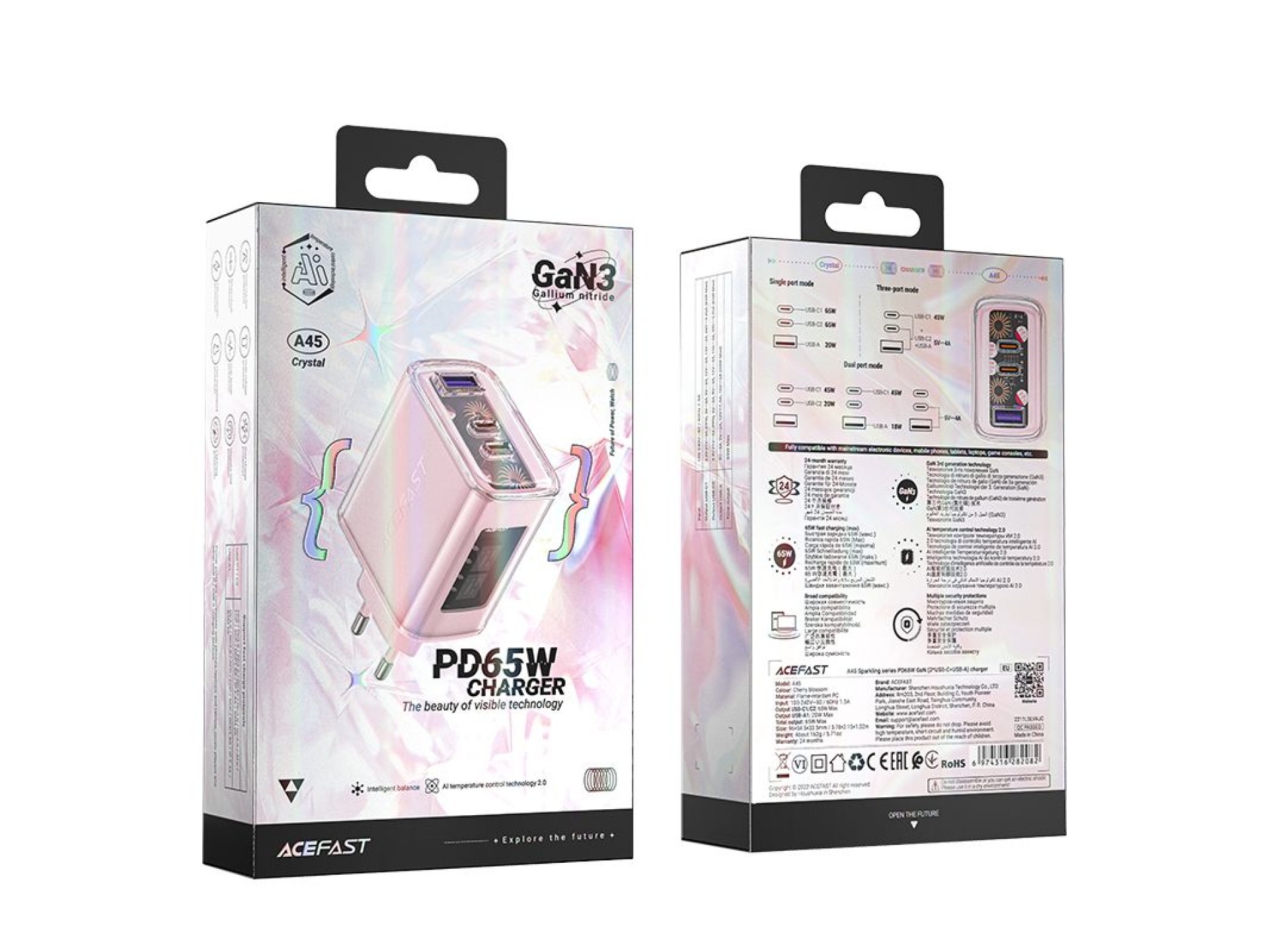 Acefast charger GaN 65W 3 ports (1xUSB, 2xUSB C) pink (A45)