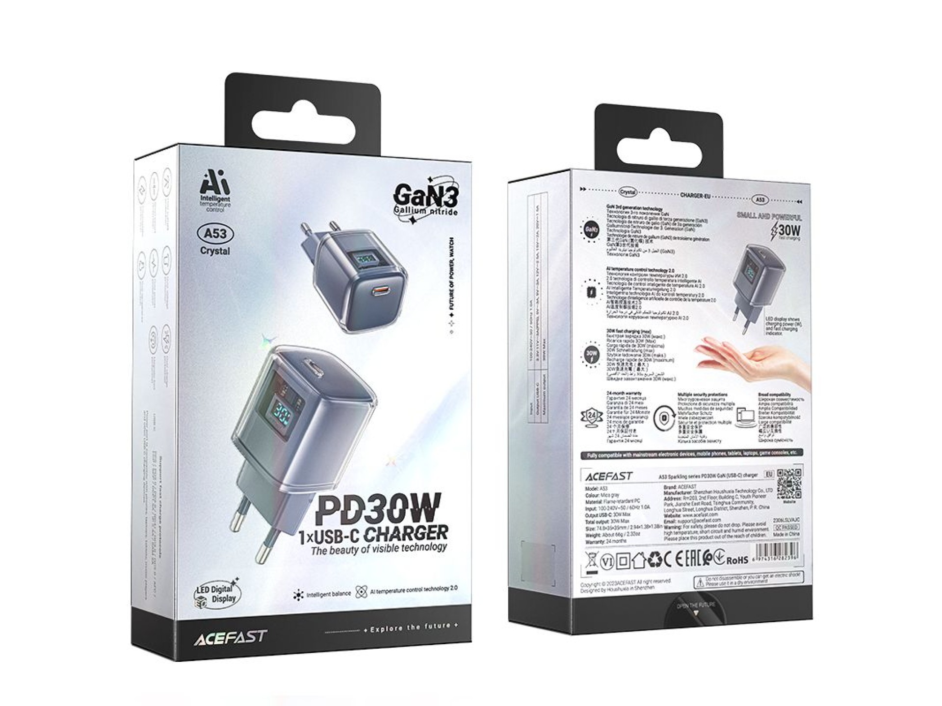 Carregador Acefast A53 PD 30W GaN USB-C com visor - cinza