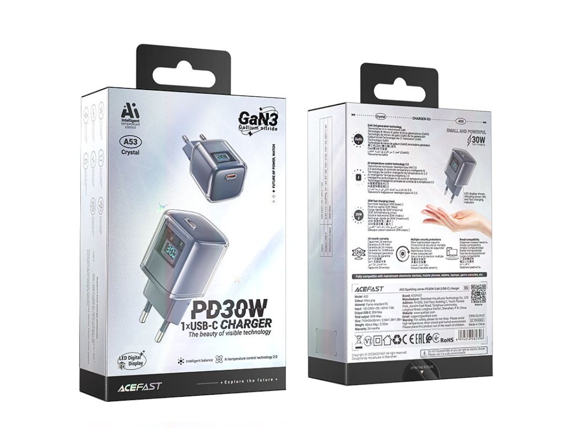 Carregador Acefast A53 PD 30W GaN USB-C com visor - cinza