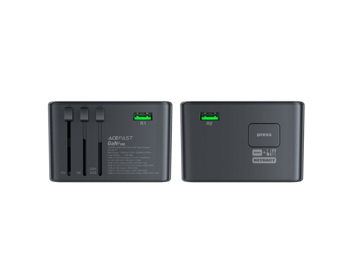 Acefast Z1 GaN 75W PD travel charger adapter 3x USB-C 2x USB-A - black