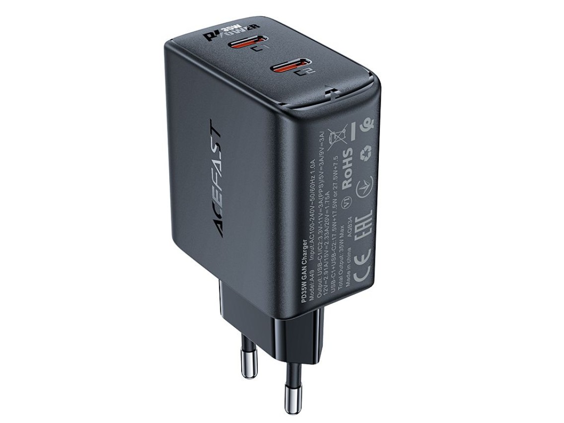 Carregador r�pido GaN 35W PD 2x USB C Acefast A49 - preto