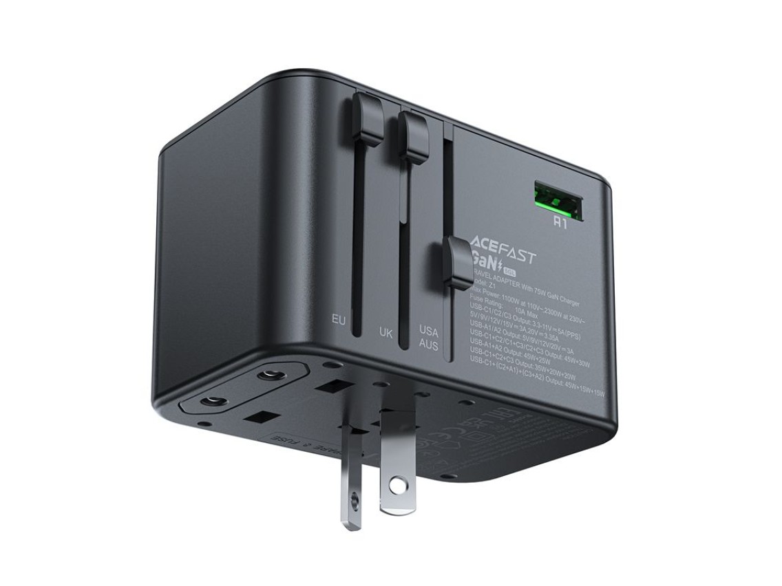 Acefast Z1 GaN 75W PD travel charger adapter 3x USB-C 2x USB-A - black