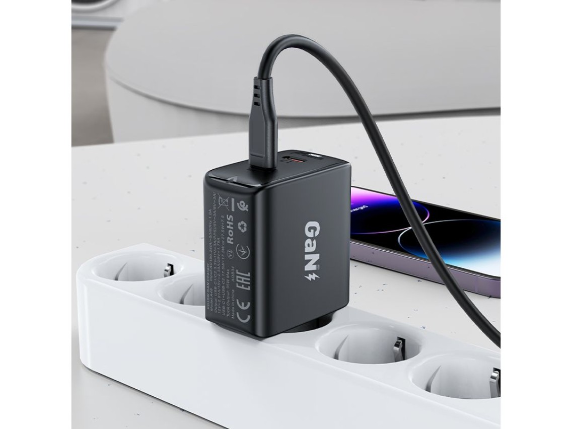 Carregador r�pido GaN 35W PD 2x USB C Acefast A49 - preto