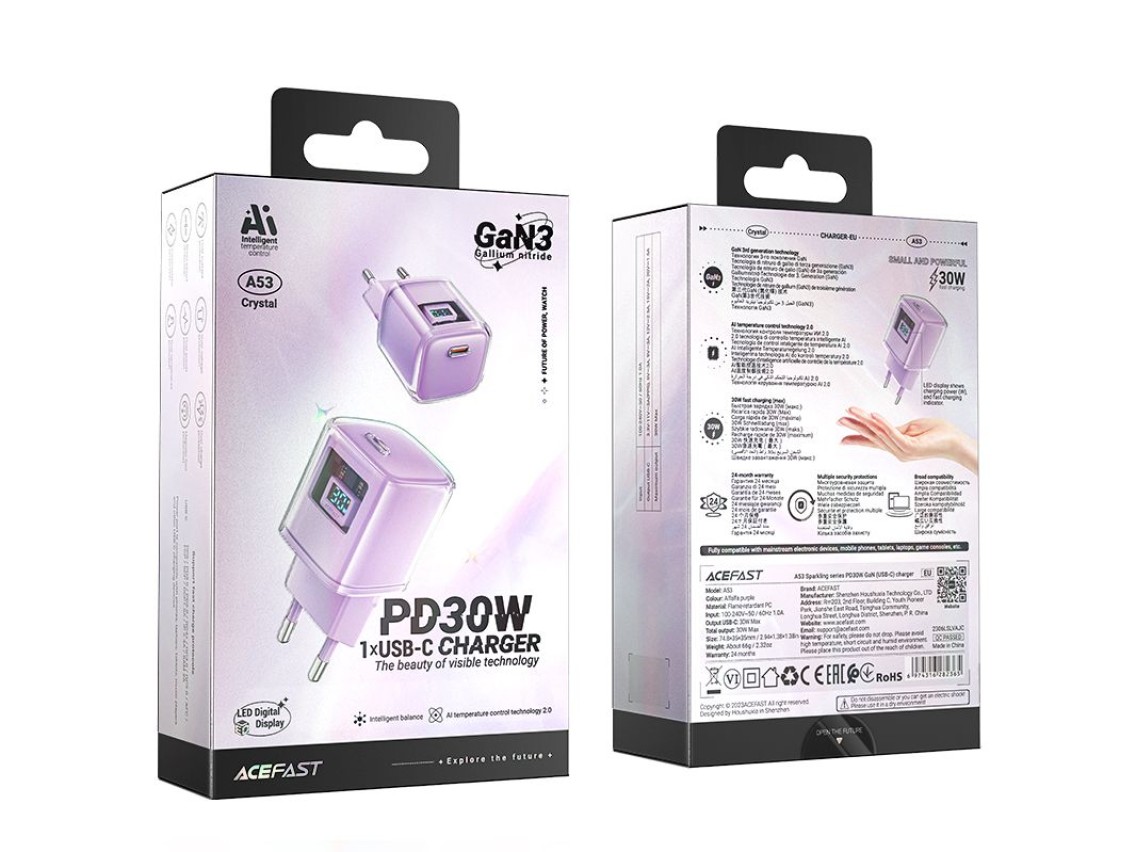 Carregador Acefast A53 PD 30W GaN USB-C com visor - roxo