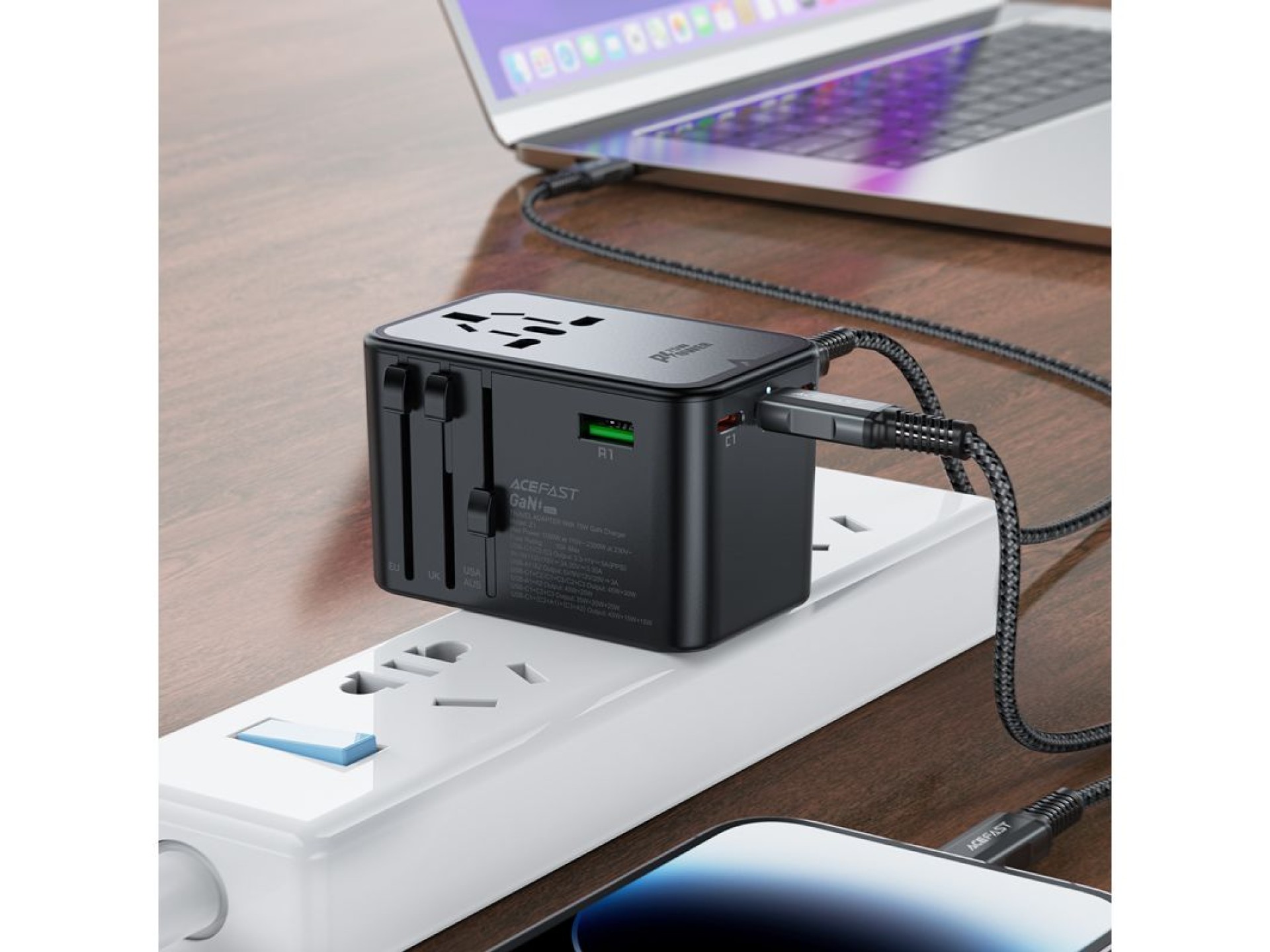 Acefast Z1 GaN 75W PD travel charger adapter 3x USB-C 2x USB-A - black