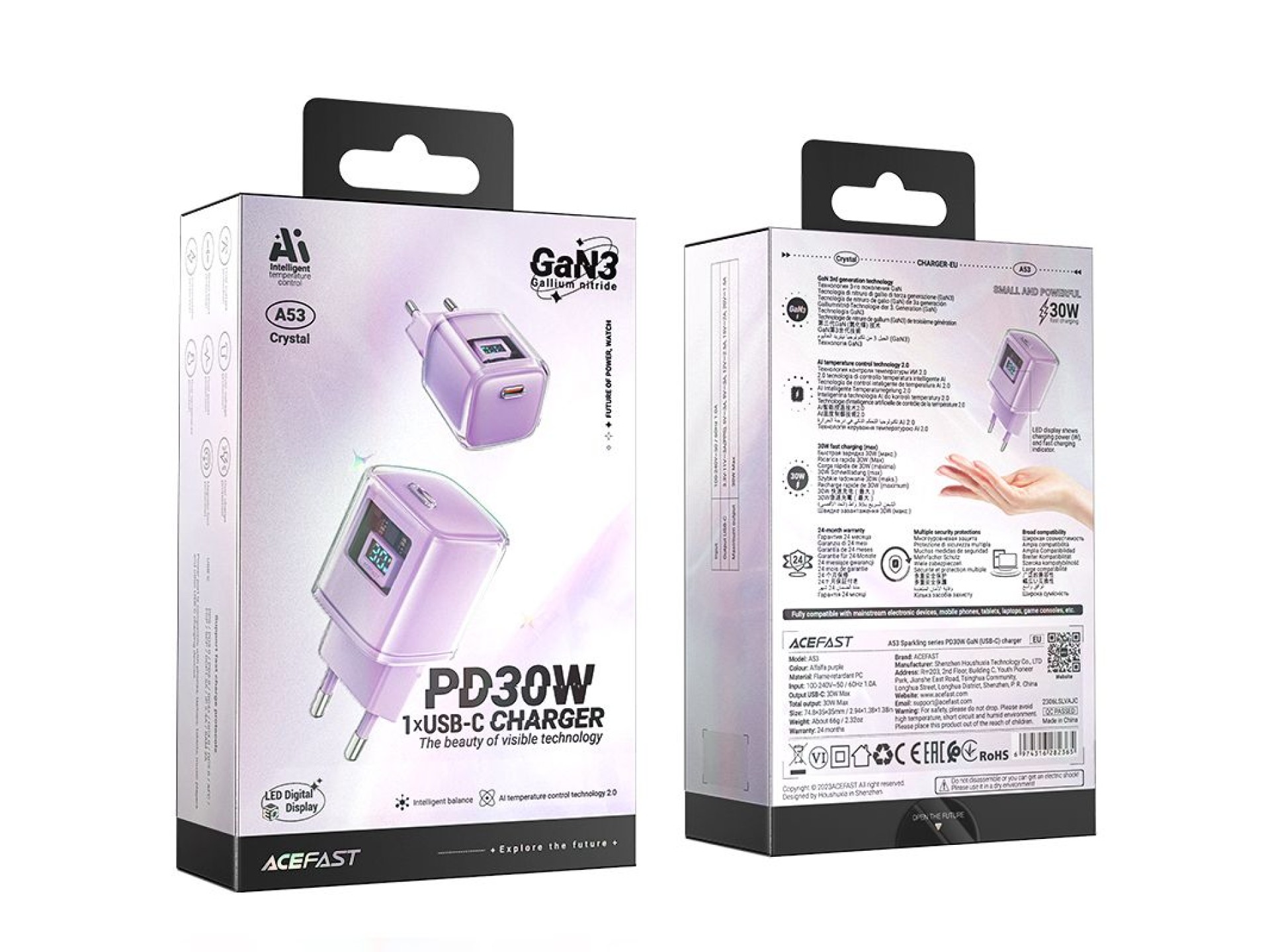 Carregador Acefast A53 PD 30W GaN USB-C com visor - roxo
