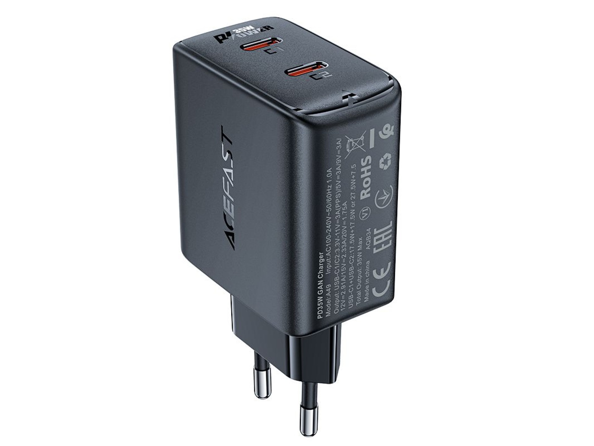Carregador rápido GaN 35W PD 2x USB C Acefast A49 - preto