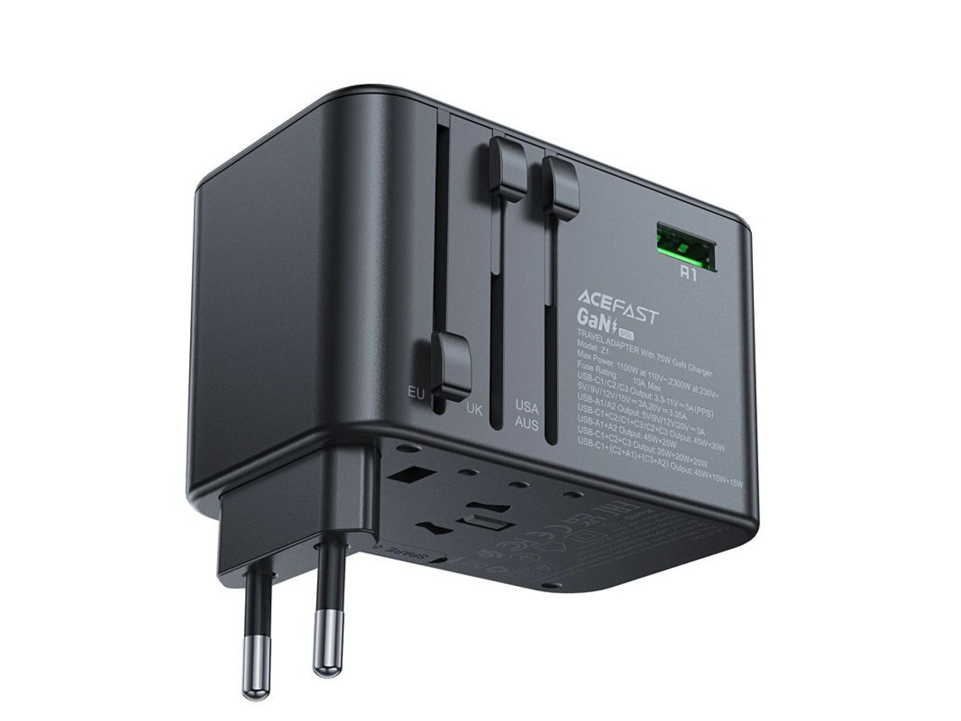 Acefast Z1 GaN 75W PD travel charger adapter 3x USB-C 2x USB-A - black