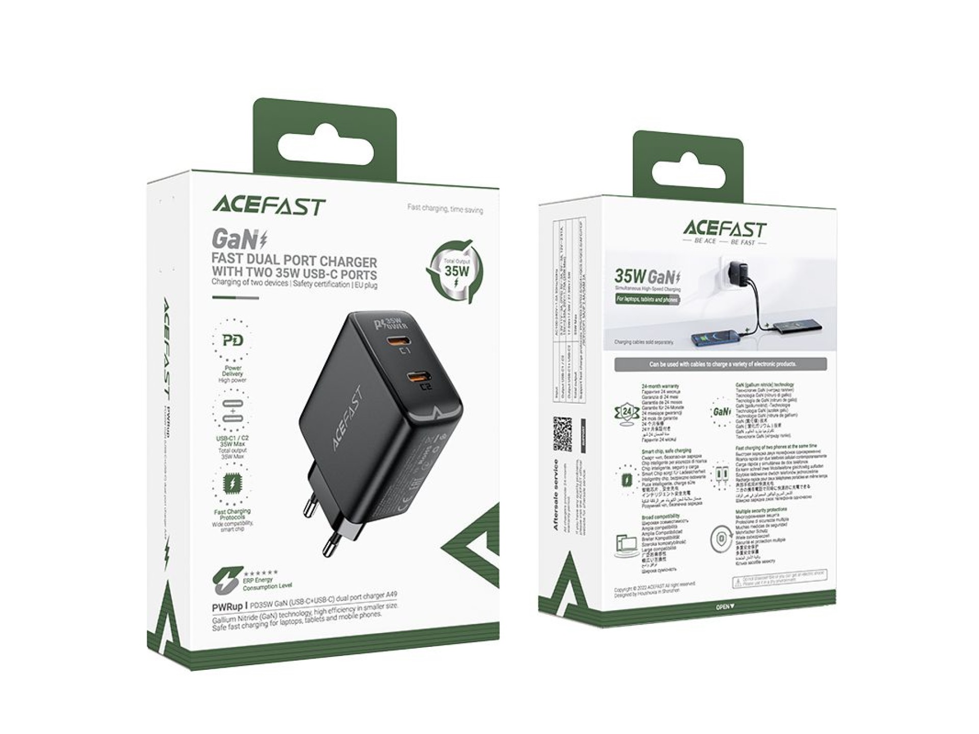 Carregador rápido GaN 35W PD 2x USB C Acefast A49 - preto