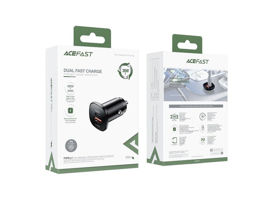 Acefast car charger 38W USB Type C / USB, PPS, Power Delivery, Quick Charge 3.0, AFC, FCP black (B1