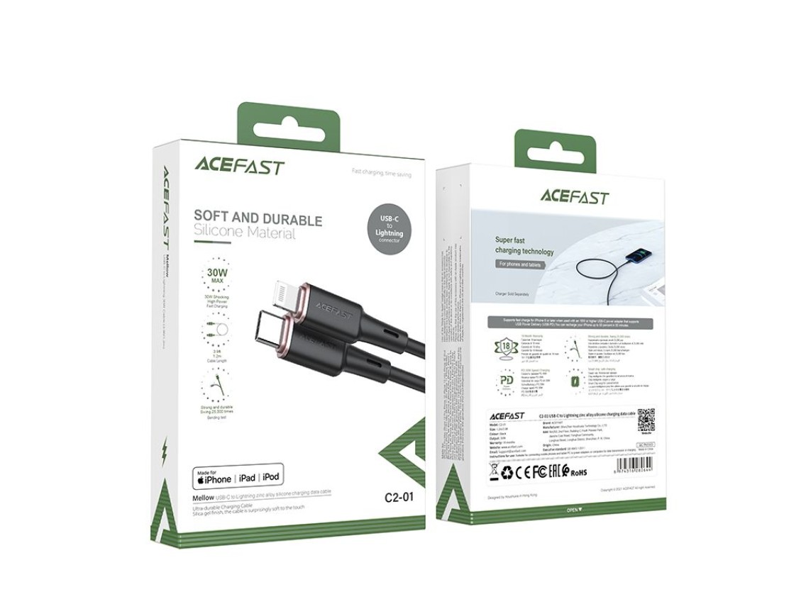 Cable Acefast MFI USB Tipo C - Lightning 1,2 m, 30 W, 3 A negro (C2-01 negro)