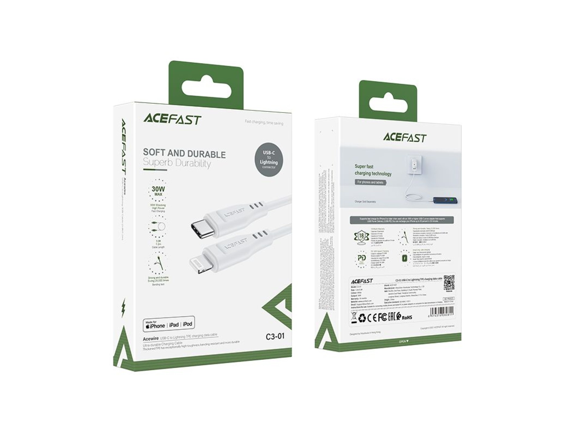 Acefast C3-01 Lightning - USB-C PD cable 30W 3A 480Mb/s 1.2m - white
