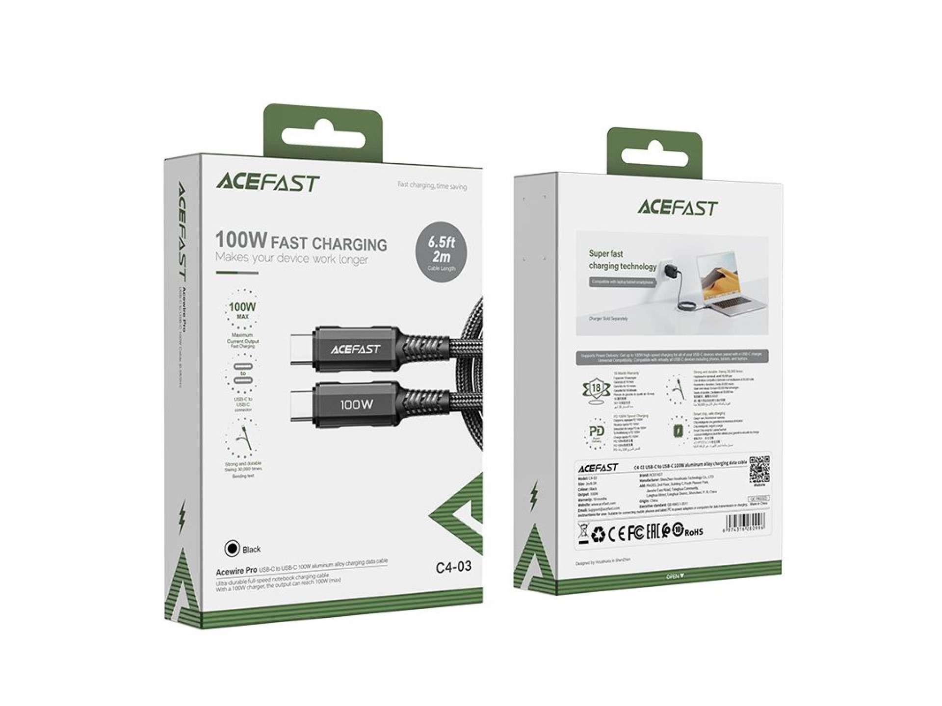 Acefast C4-03 Black USB-C - USB-C PD QC cable 100W 5A 480Mb/s 2m - black