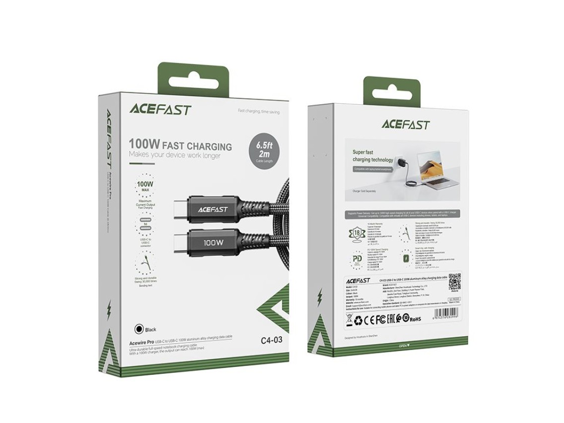 Cabo Acefast C4-03 Preto USB-C - USB-C PD QC 100W 5A 480Mb/s 2m - preto