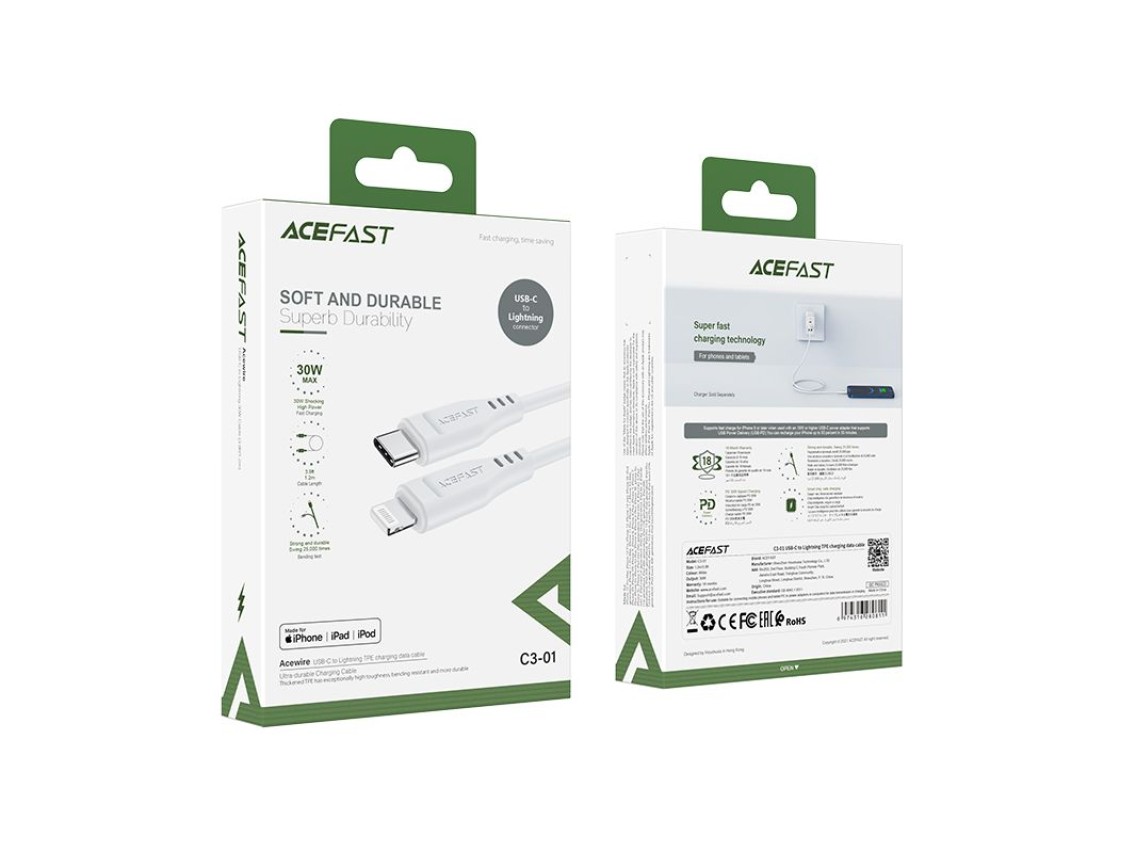 Acefast C3-01 Lightning - USB-C PD cable 30W 3A 480Mb/s 1.2m - white