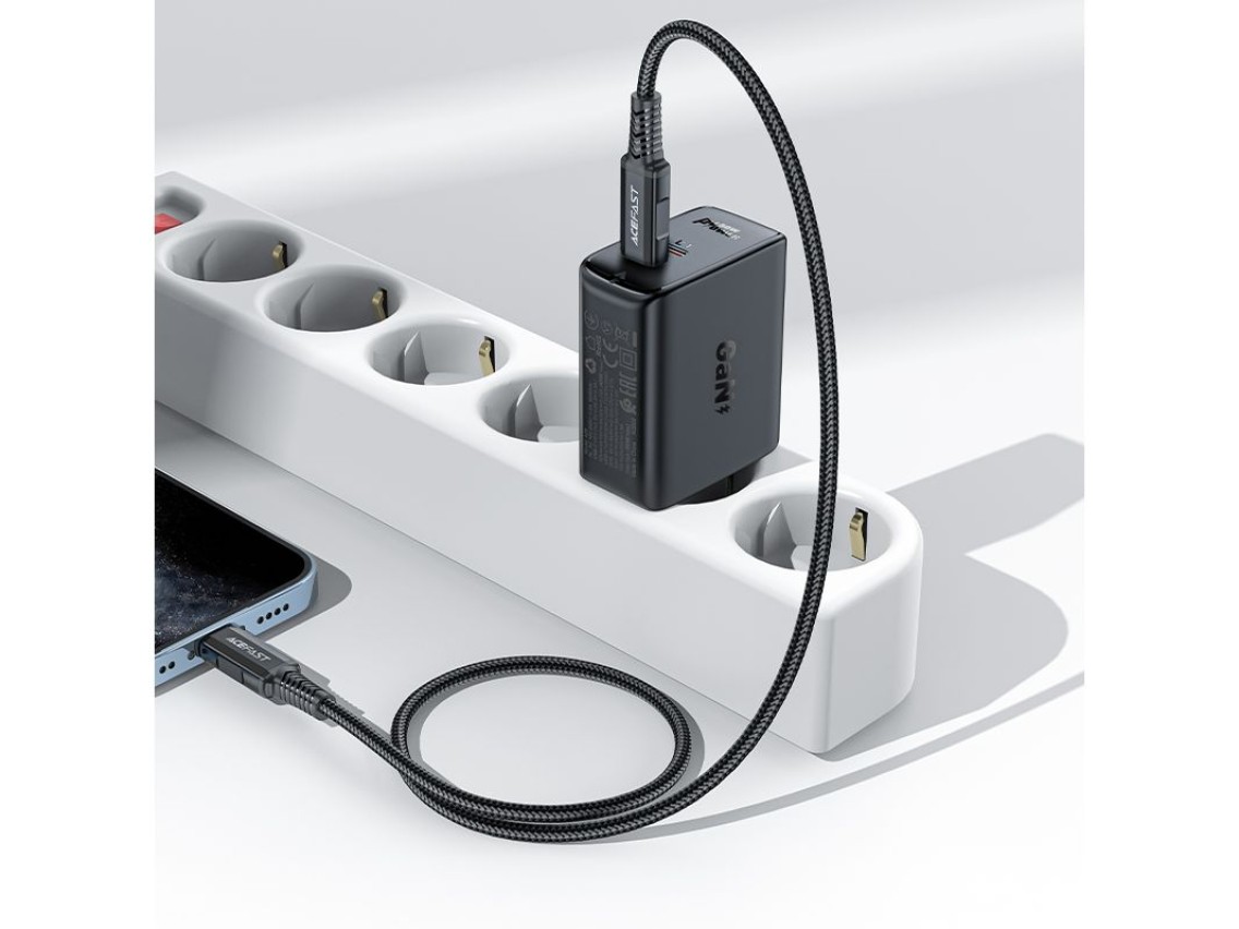 Cargador Acefast A29 PD50W GaN (USB-C + USB-C) de doble puerto, color negro.