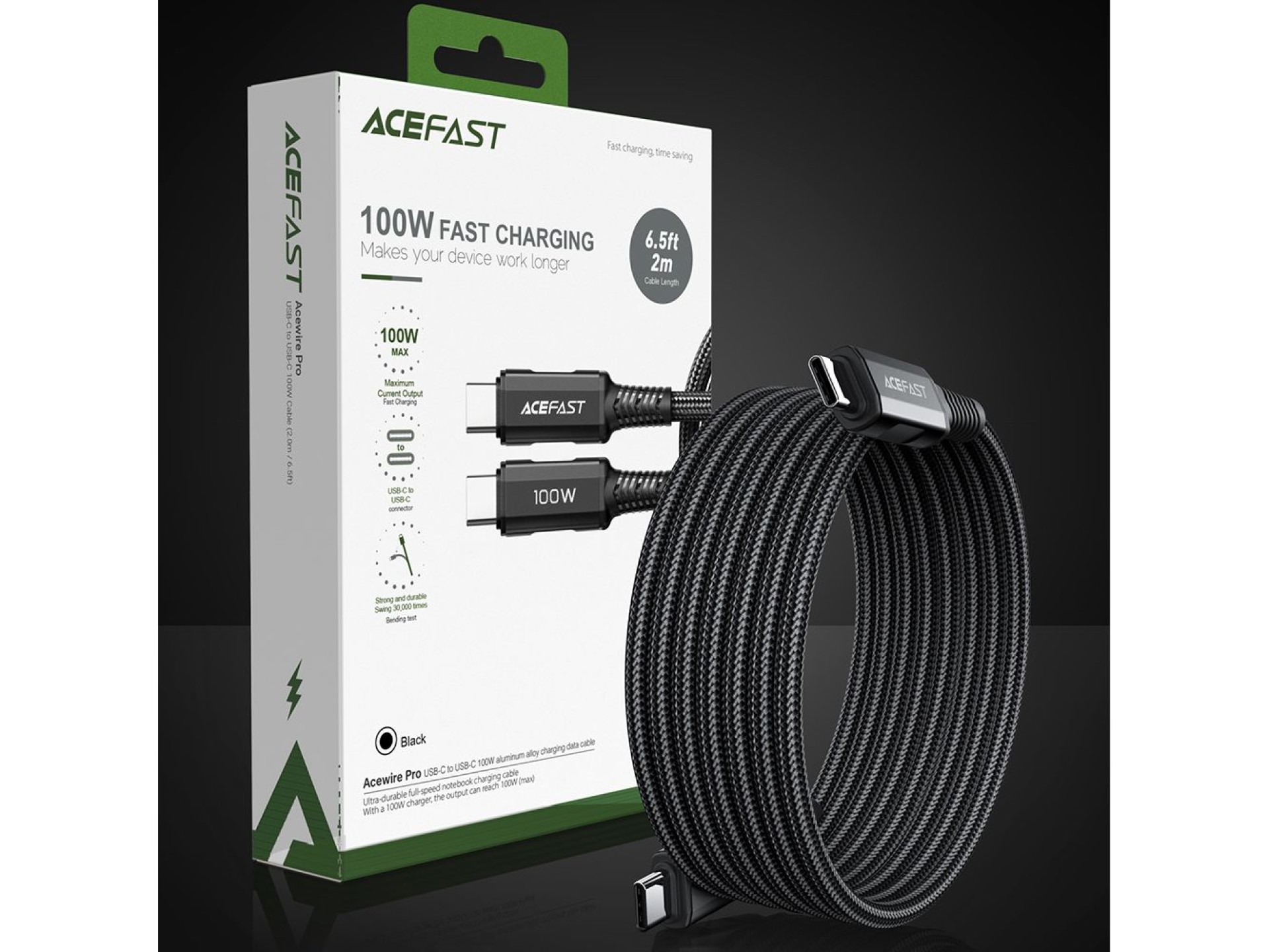 Acefast C4-03 Black USB-C - USB-C PD QC cable 100W 5A 480Mb/s 2m - black