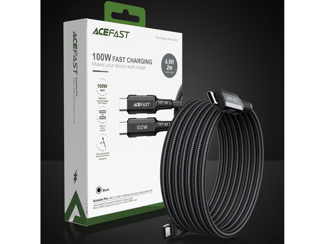 Cabo Acefast C4-03 Preto USB-C - USB-C PD QC 100W 5A 480Mb/s 2m - preto