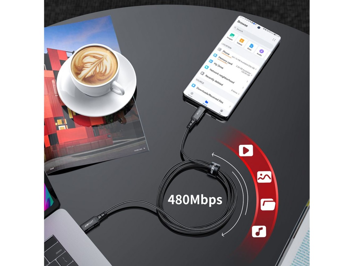 Cabo Acefast C4-03 Preto USB-C - USB-C PD QC 100W 5A 480Mb/s 2m - preto