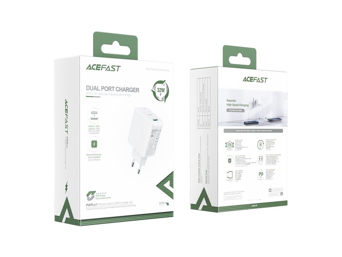 Acefast wall charger USB Type C / USB 32W, PPS, PD, QC 3.0, AFC, FCP white (A5 white)