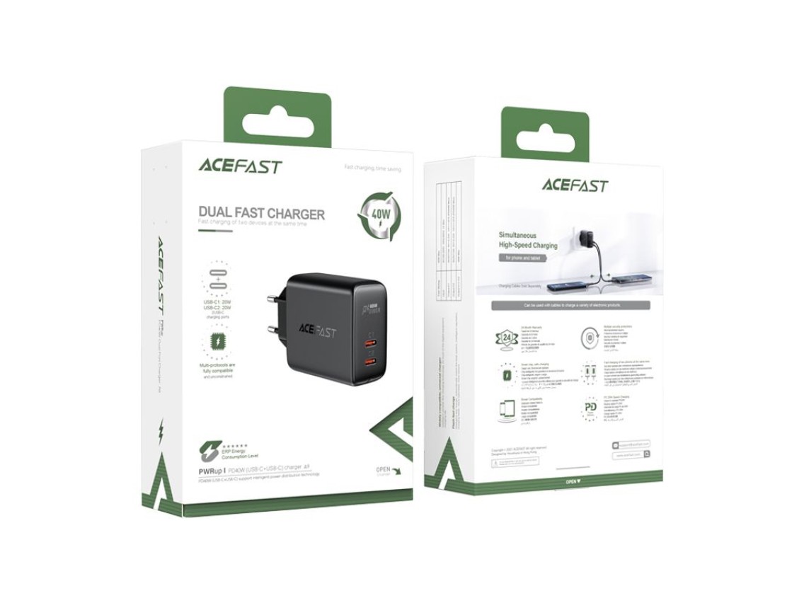 Acefast charger 2x USB Type C 40W, PPS, PD, QC 3.0, AFC, FCP black (A9 black)