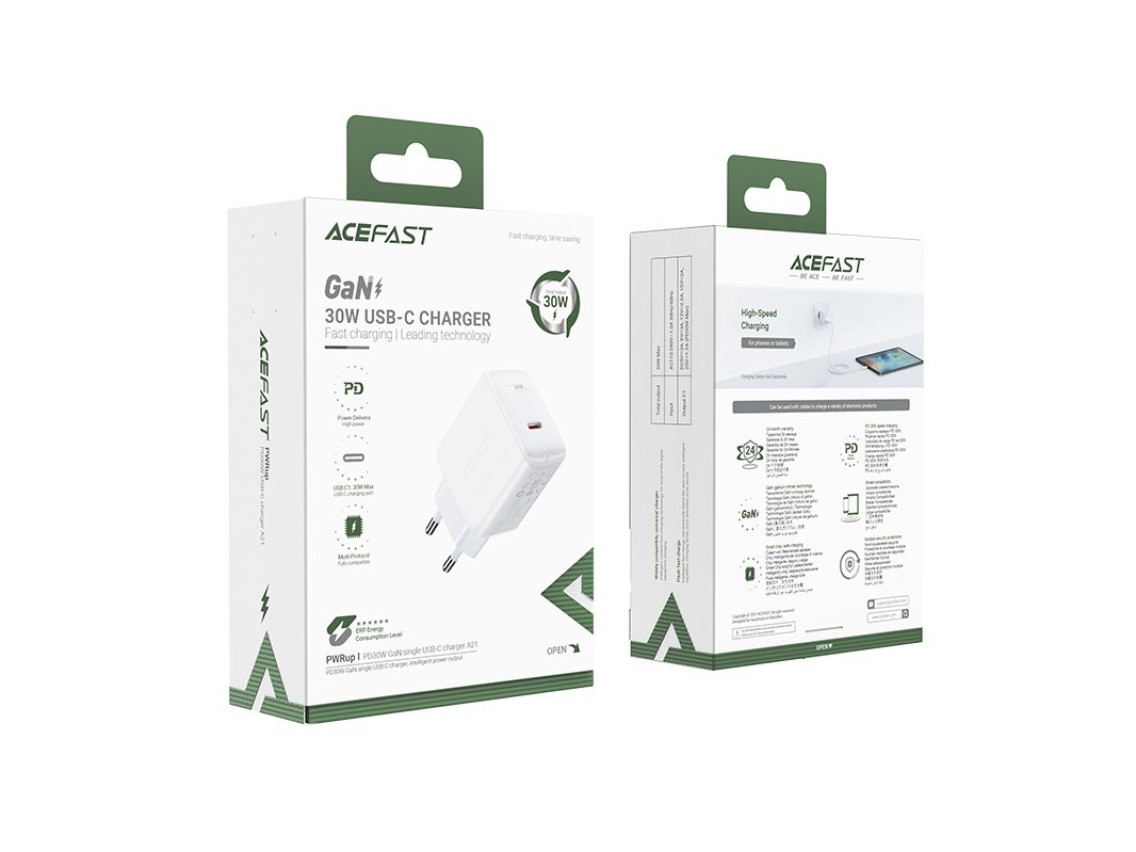 Cargador Acefast GaN USB Tipo C 30W, PD, QC 3.0, AFC, FCP blanco (A21 blanco)