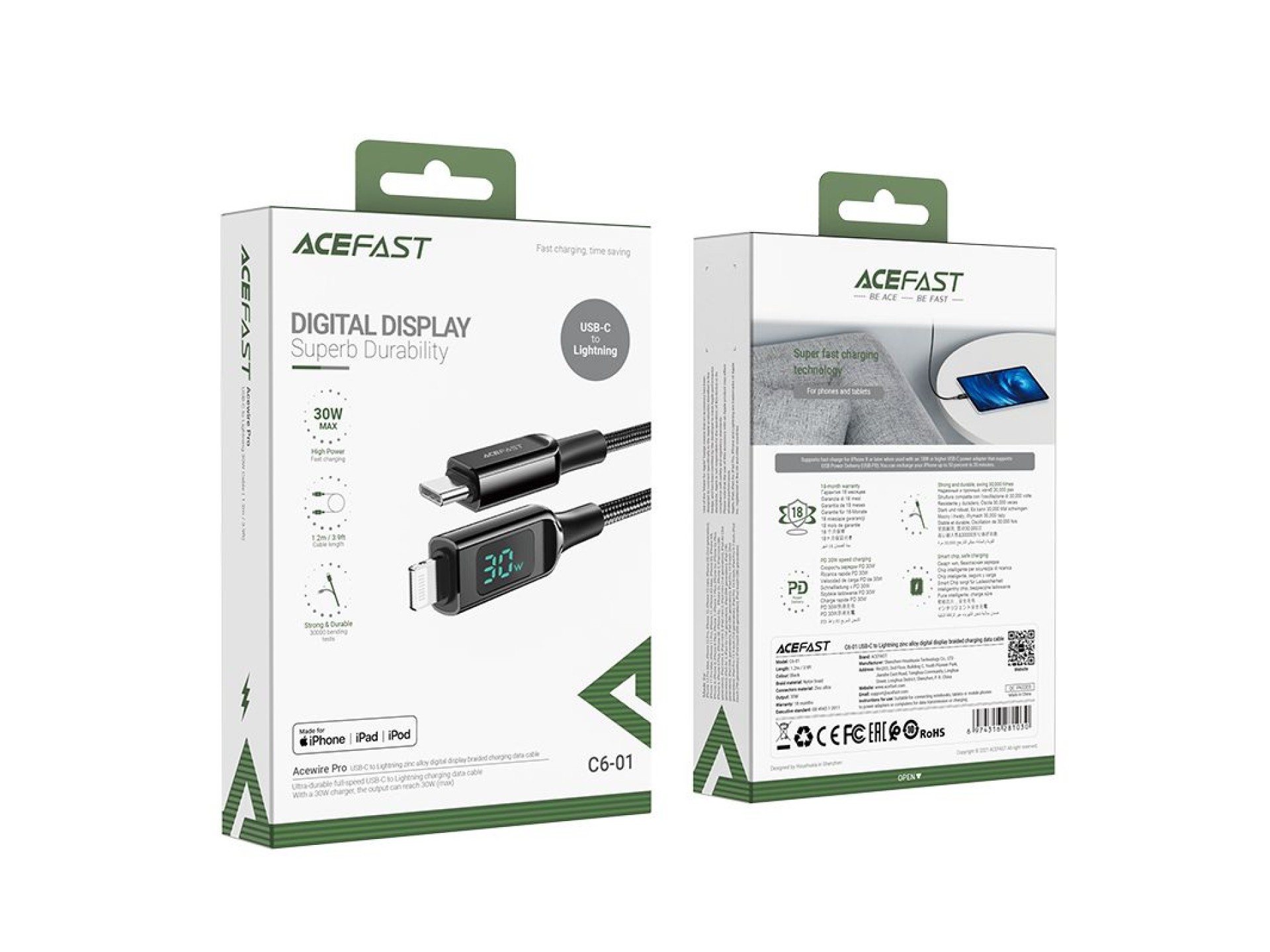 Acefast cable MFI USB Type C - Lightning 1.2m, 30W, 3A black (C6-01 Black)