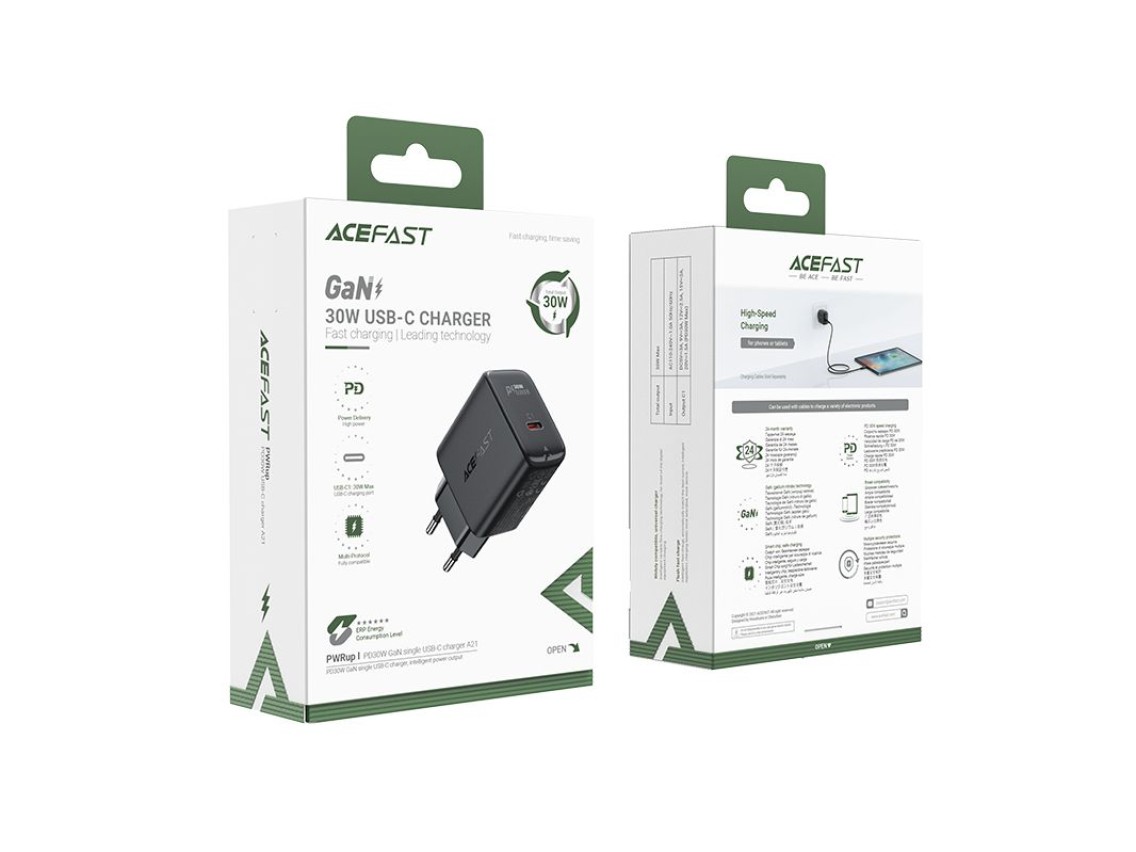 Acefast GaN USB Type-C 30W charger, PD, QC 3.0, AFC, FCP black (A21 black)
