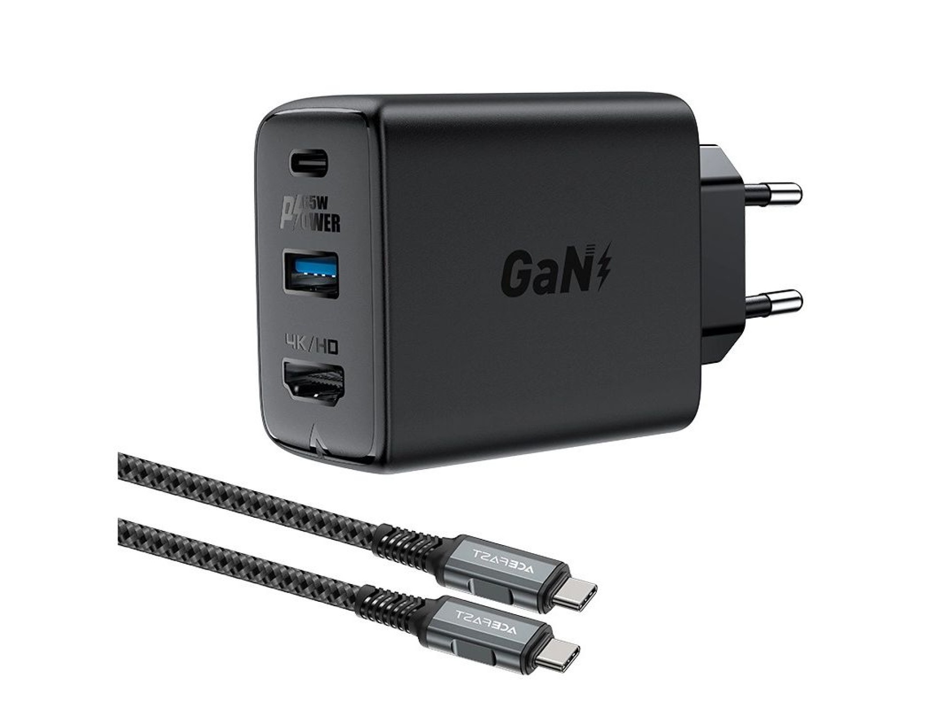 Acefast 2in1 charger GaN 65W USB Type C / USB, adapter HDMI adapter 4K 60Hz (set with cable) black (