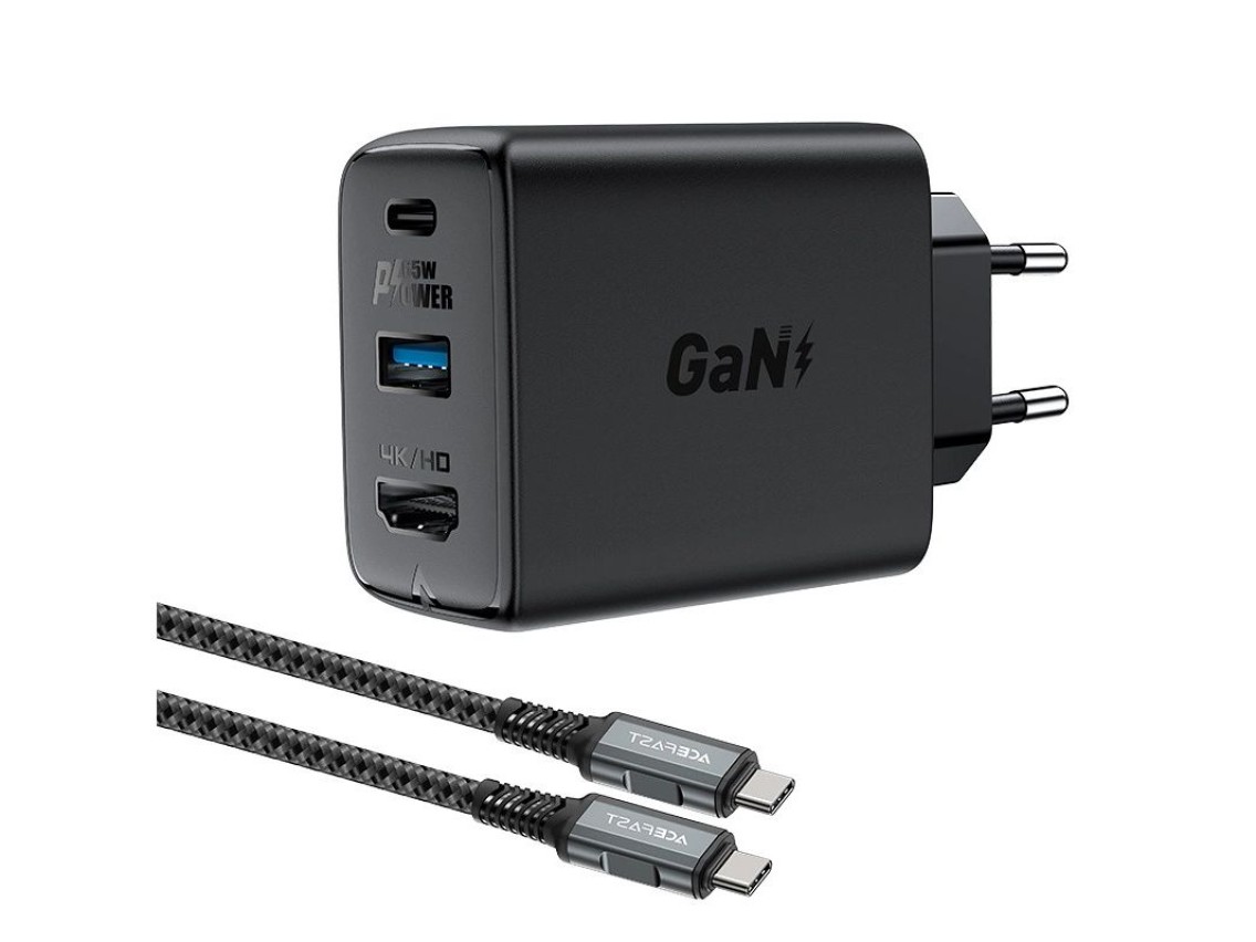Acefast 2in1 charger GaN 65W USB Type C / USB, adapter HDMI adapter 4K 60Hz (set with cable) black (