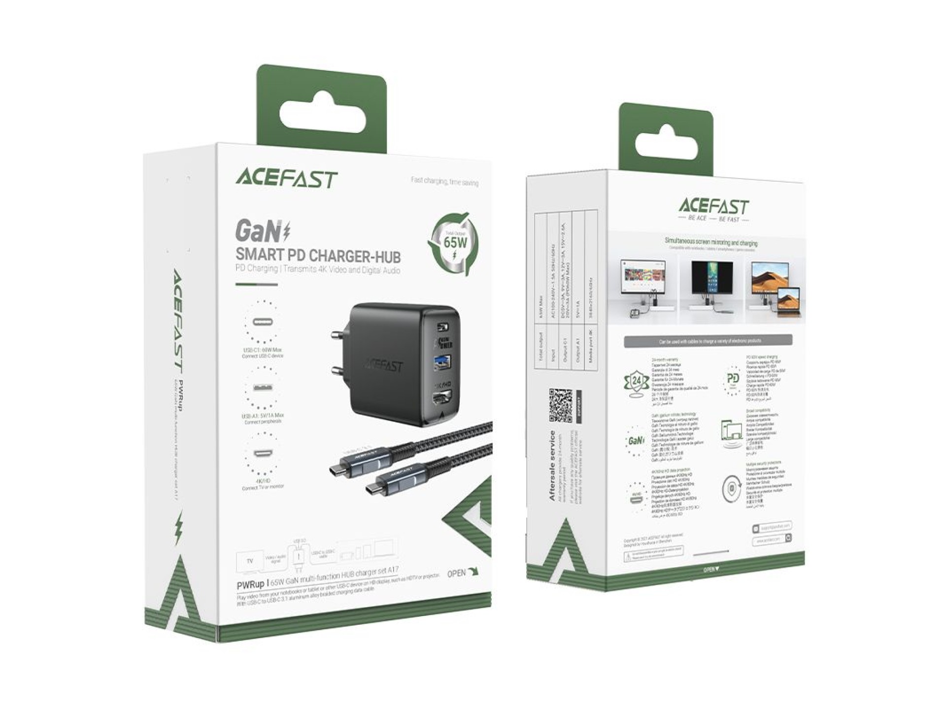 Acefast 2in1 charger GaN 65W USB Type C / USB, adapter HDMI adapter 4K 60Hz (set with cable) black (