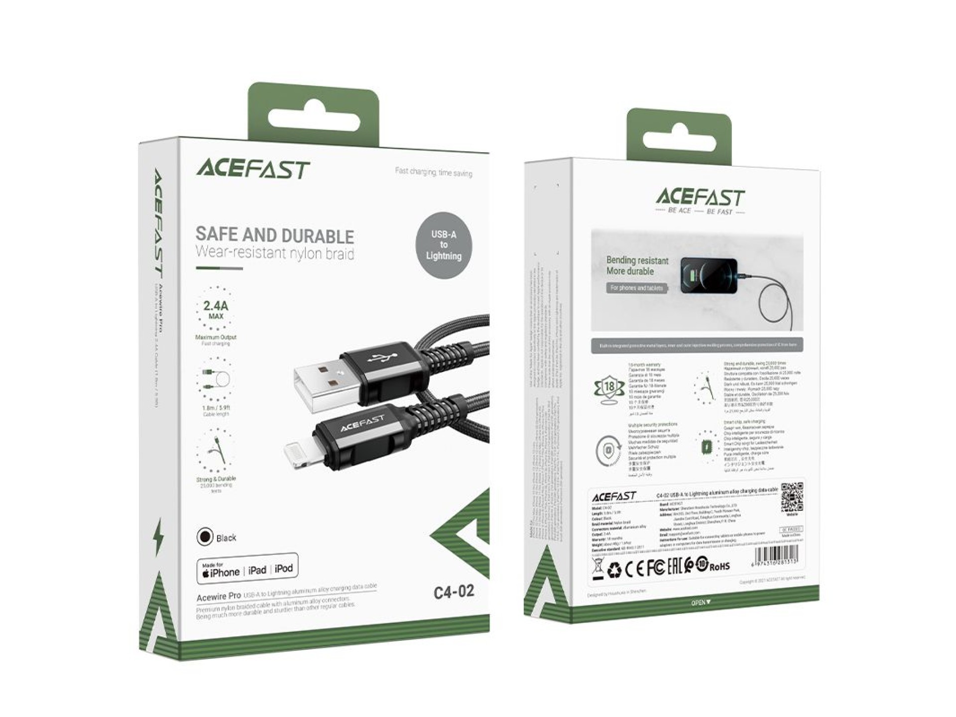 Acefast MFI USB - Lightning cable 1.8m, 2.4A black (C4-02 A Black)