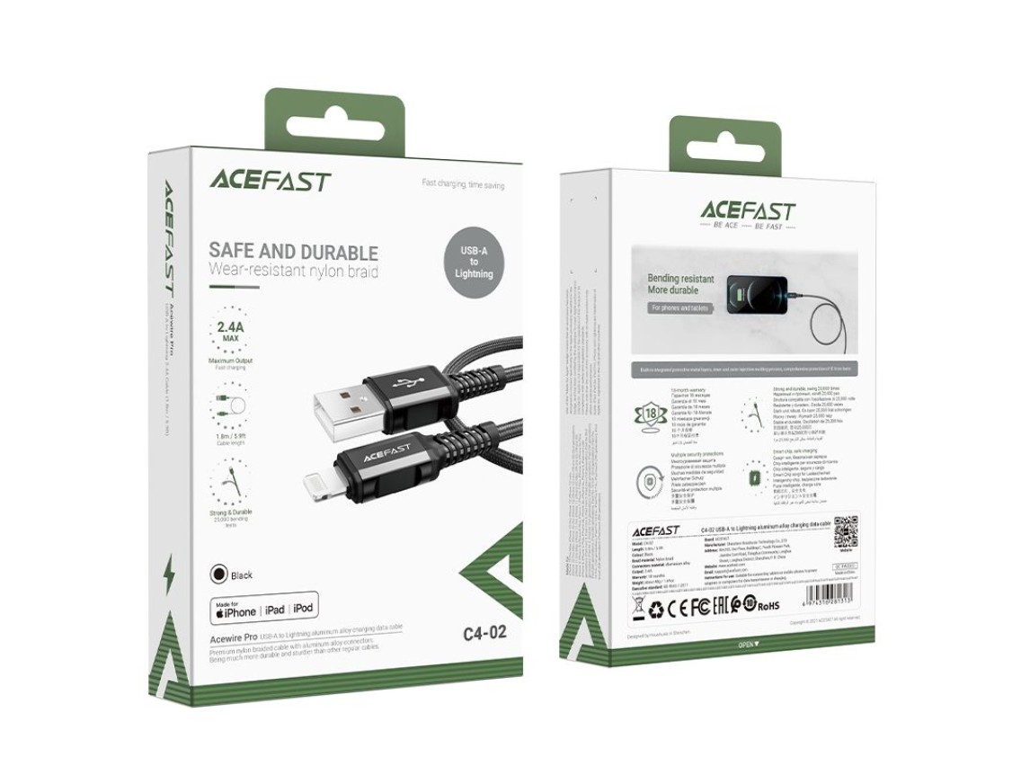 Acefast MFI USB - Lightning cable 1.8m, 2.4A black (C4-02 A Black)