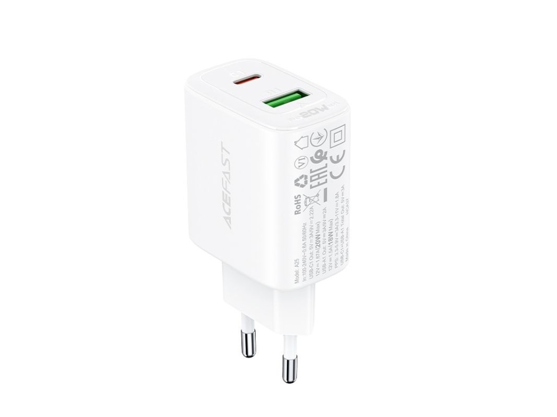 Carregador de parede Acefast USB Tipo C / USB 20W, PPS, PD, QC 3.0, AFC, FCP branco (A25 branco)