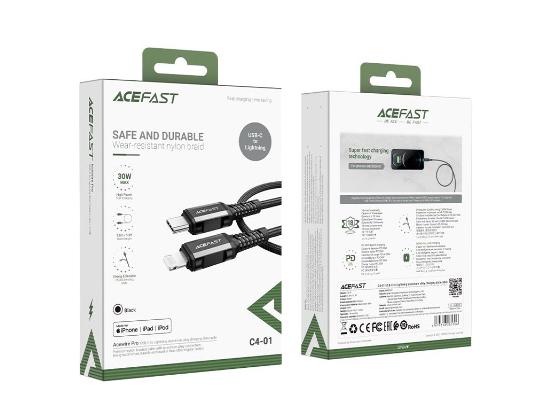 Acefast C4-01 Lightning - USB-C PD cable 30W 3A 480Mb/s 1.8m - black