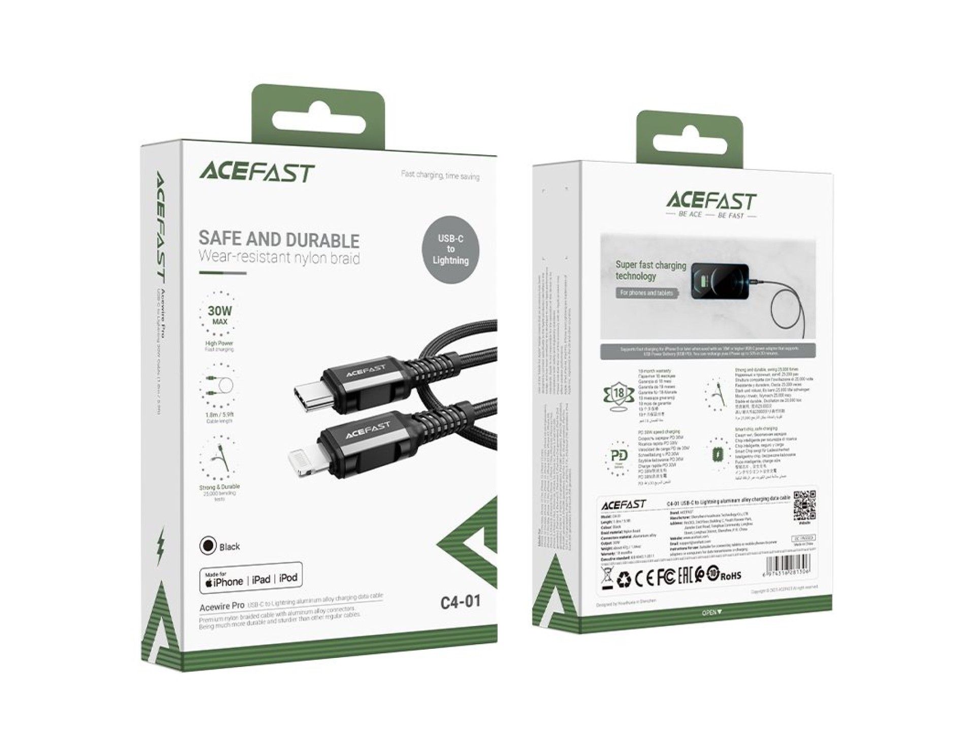 Acefast C4-01 Lightning - USB-C PD cable 30W 3A 480Mb/s 1.8m - black