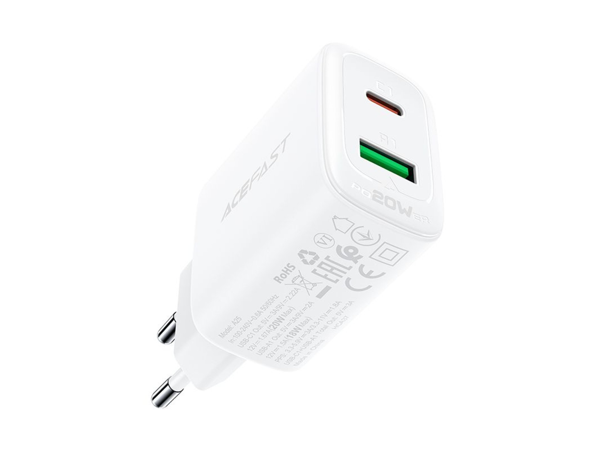 Carregador de parede Acefast USB Tipo C / USB 20W, PPS, PD, QC 3.0, AFC, FCP branco (A25 branco)