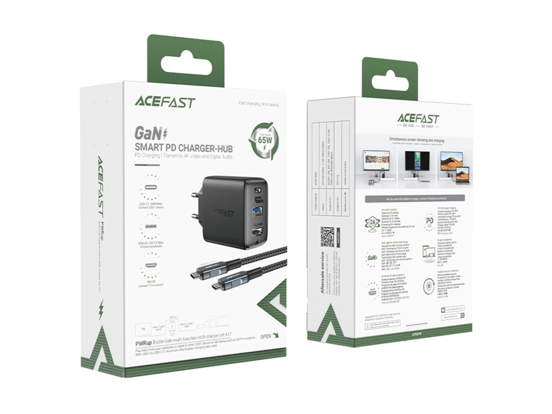 Acefast 2in1 charger GaN 65W USB Type C / USB, adapter HDMI adapter 4K 60Hz (set with cable) black (