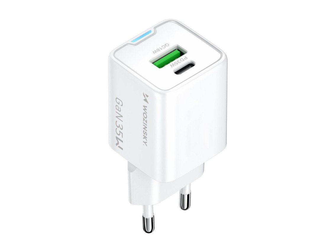 Carregador de parede Wozinsky WWC-35W GaN USB-A + USB-C - Branco