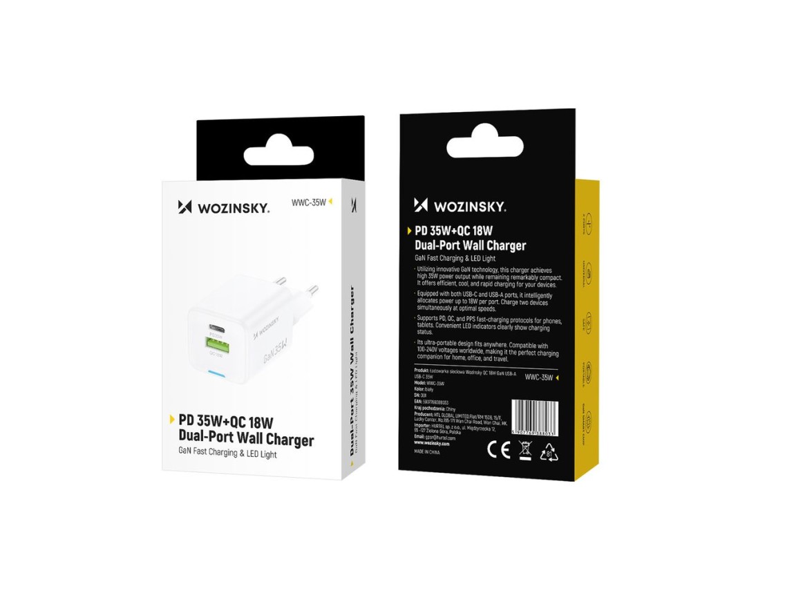 Carregador de parede Wozinsky WWC-35W GaN USB-A + USB-C - Branco