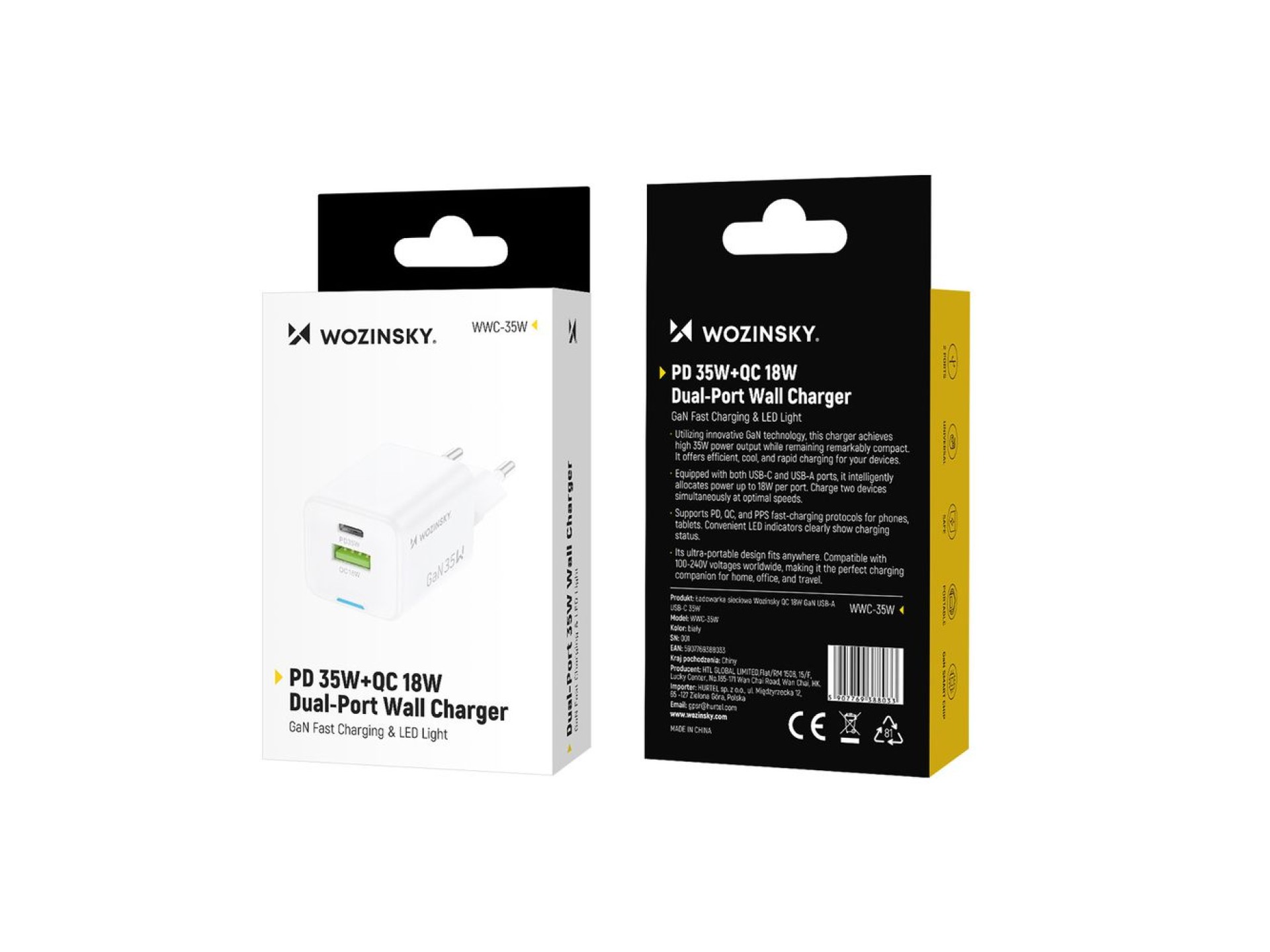 Carregador de parede Wozinsky WWC-35W GaN USB-A + USB-C - Branco