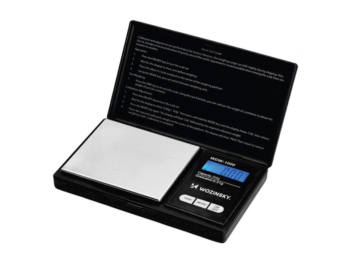 Balanza para joyería Wozinsky WDW-1000, 200 g, precisión de 0,01 g, iluminada - Negra