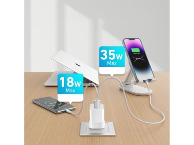 Wozinsky WWC-35W GaN USB-A + USB-C Wall Charger - White Wozinsky WWC-35W GaN USB-A + USB-C Wall Charger - White