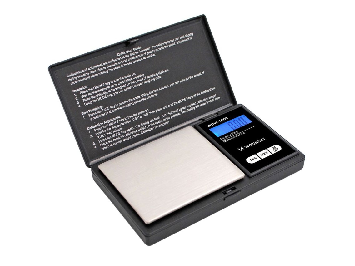 Balanza para joyería Wozinsky WDW-1000, 200 g, precisión de 0,01 g, iluminada - Negra