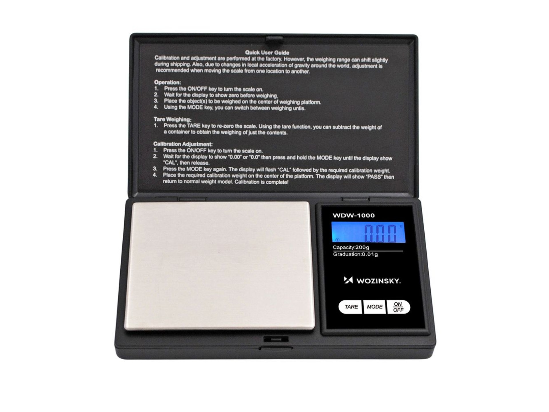 Balanza para joyería Wozinsky WDW-1000, 200 g, precisión de 0,01 g, iluminada - Negra