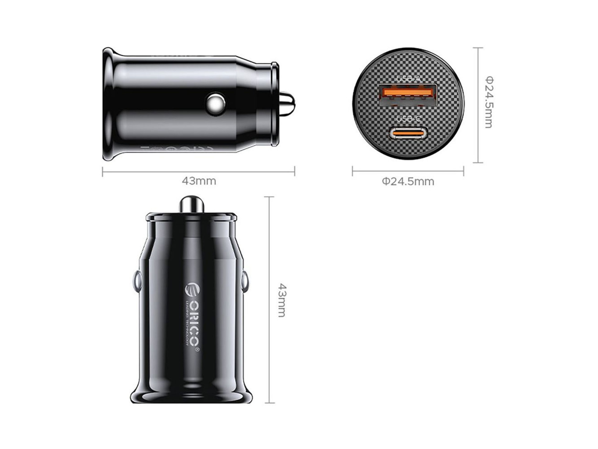 Carregador veicular Orico PowerMini 30W USB-C + USB-A - Preto