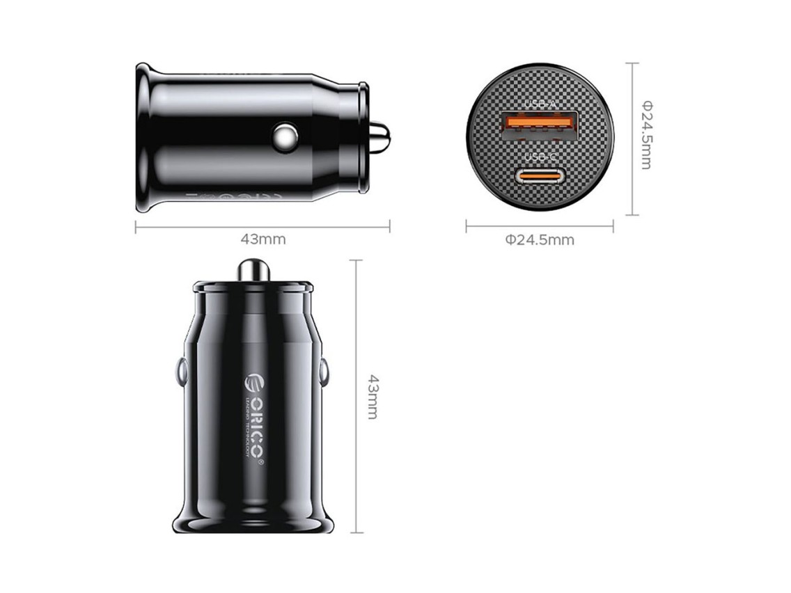 Carregador veicular Orico PowerMini 30W USB-C + USB-A - Preto