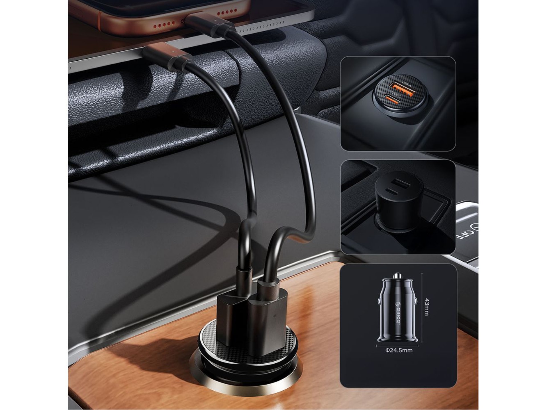 Carregador veicular Orico PowerMini 30W USB-C + USB-A - Preto