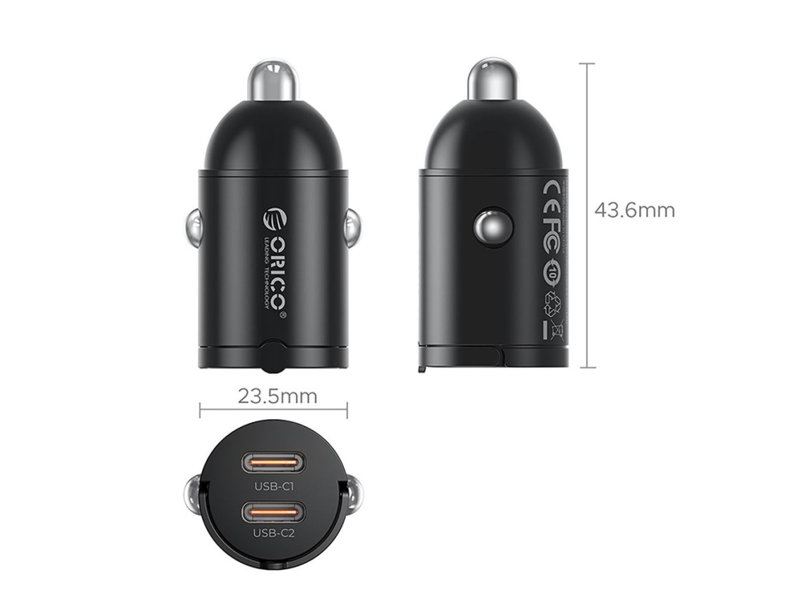 Cargador de coche Orico MiniRing de 30 W con 2 puertos USB-C - Negro
