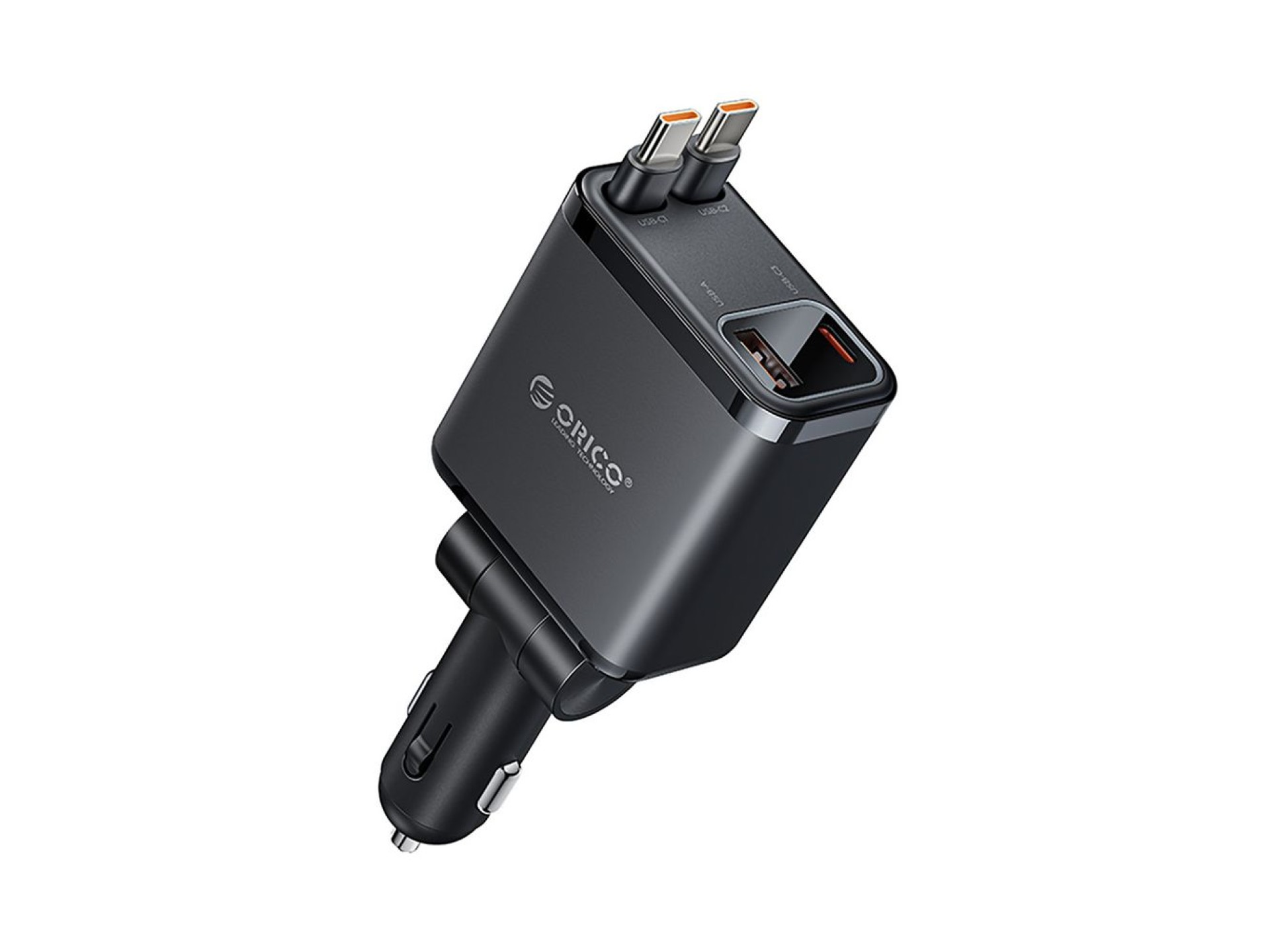 Cargador de coche Orico Twin Reach de 45 W con USB-A + USB-C y dos cables USB-C retráctiles - Negro